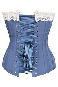 Historically Inspired Blue Longline Corset with Lace and Ribbing (UK)