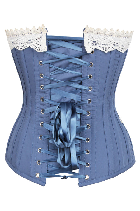 Historically Inspired Blue Longline Corset with Lace and Ribbing (UK)