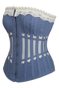 Historically Inspired Blue Longline Corset with Lace and Ribbing (UK)