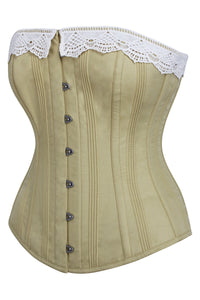 Historically Inspired Taupe Green Longline Corset with Lace Trim (UK)
