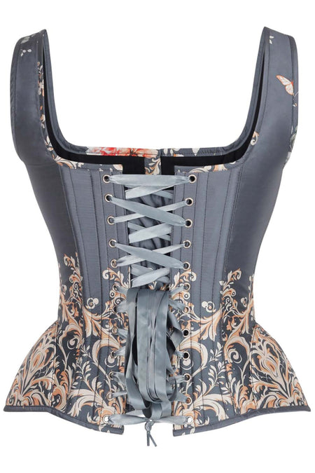 Vintage Blue Floral Overbust Corset with Baroque Scroll Print and Shoulder Straps