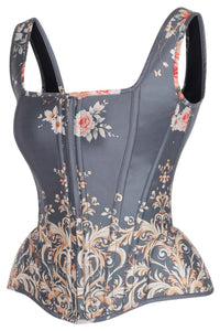 Vintage Blue Floral Overbust Corset with Baroque Scroll Print and Shoulder Straps
