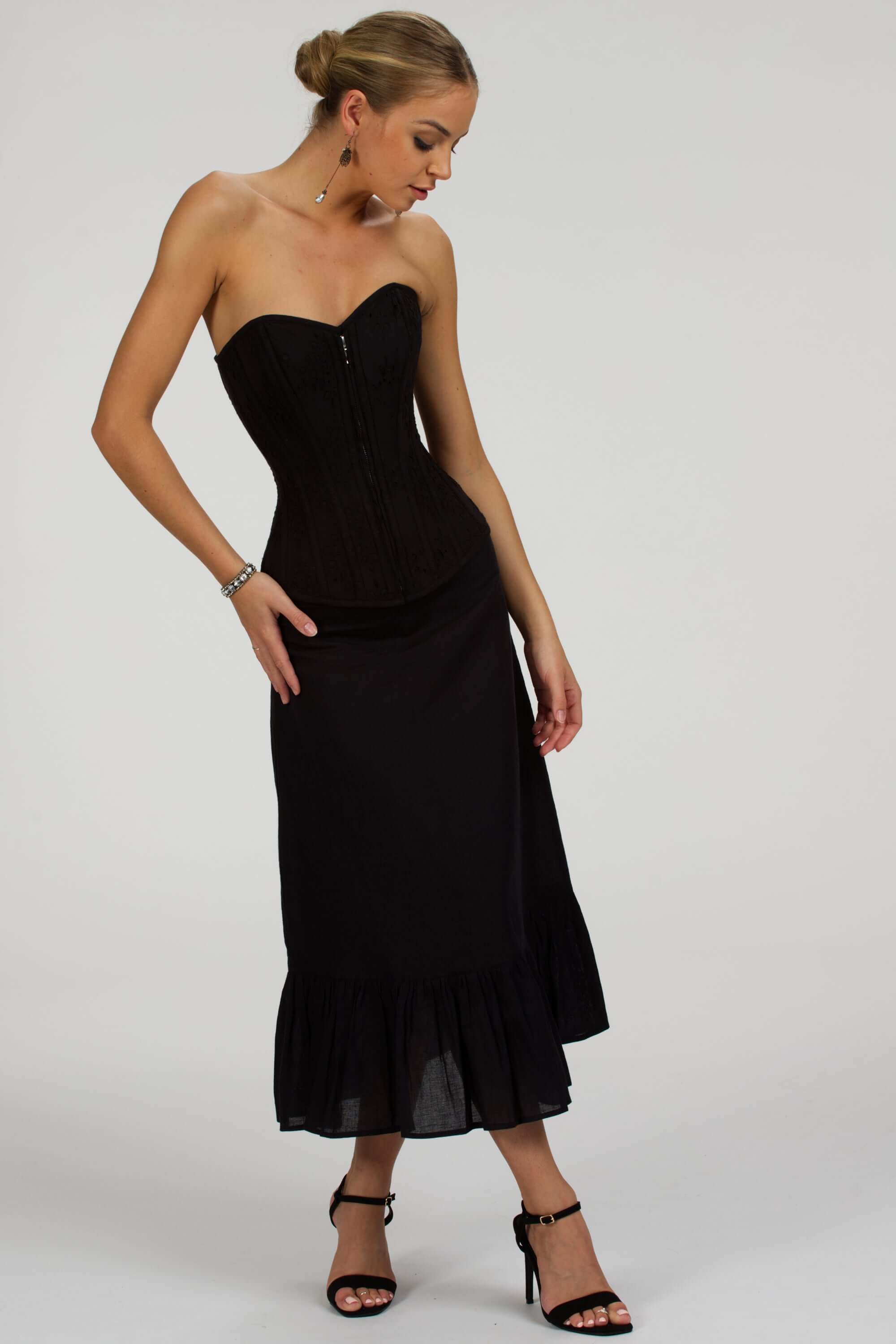 Dahlia Black Broderie Anglaise Cotton Overbust Corset with Zip Front