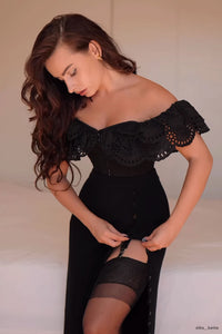 Alyssum Black Broderie Anglaise Cotton Corset Top with Double Frill Sleeves