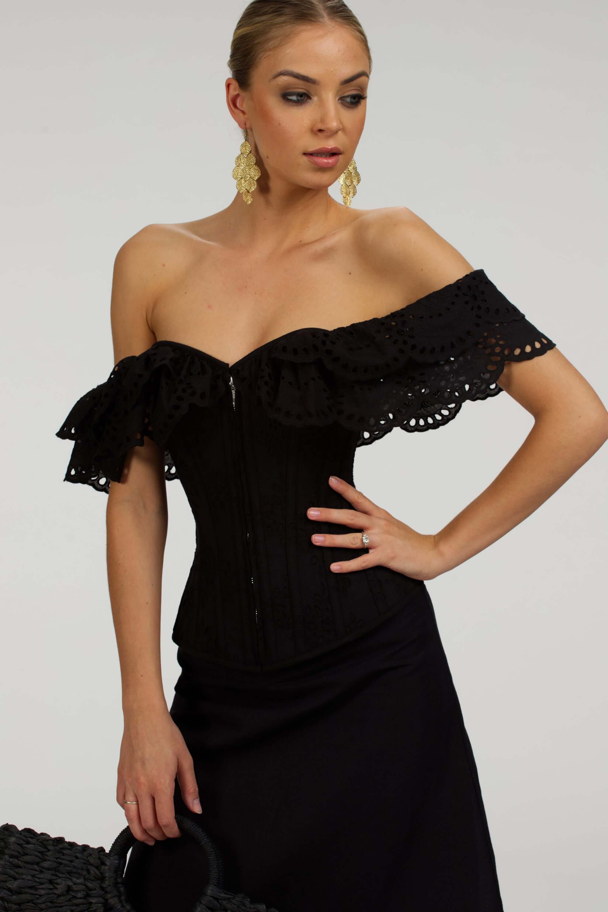 Alyssum Black Broderie Anglaise Cotton Corset Top with Double Frill Sl