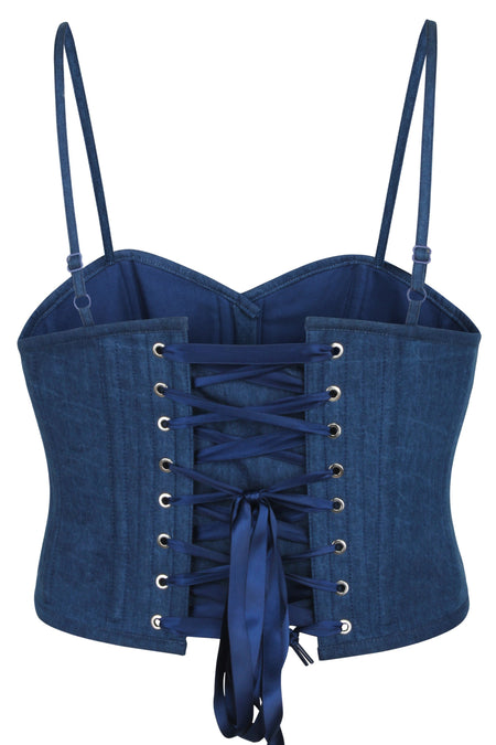 Delia Blue Chambray Cropped Corset With Spaghetti Straps