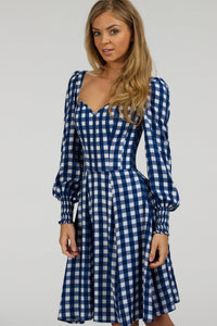 Corset Story SC-056 Sunflower Gingham Blue Viscose Corset Dress With Long Sleeves