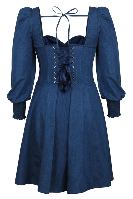 Sunflower Blue Chambray Corset Dress With Long Sleeves (UK)