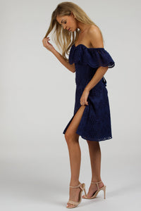 Corset Story SC-062 Peony Summer Navy Broderie Anglaise Cotton Corset Dress With Off The Shoulder Frill