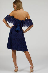 Corset Story SC-062 Peony Summer Navy Broderie Anglaise Cotton Corset Dress With Off The Shoulder Frill