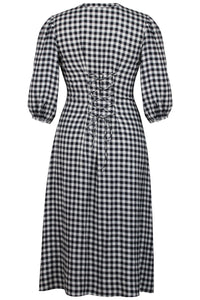 Rosemary Black Gingham Viscose Shirt Dress with Corset-Inspired Lacing (UK)