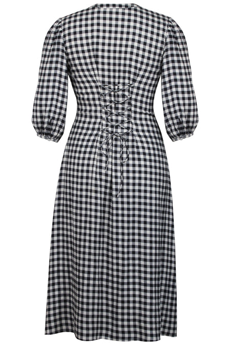 Rosemary Black Gingham Viscose Shirt Dress with Corset-Inspired Lacing (UK)