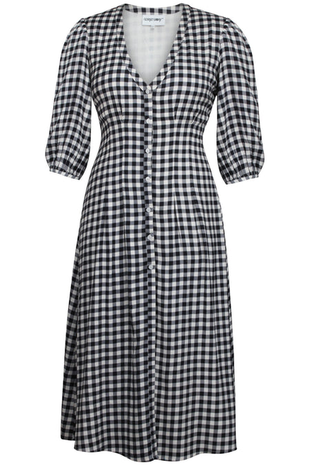 Rosemary Black Gingham Viscose Shirt Dress with Corset-Inspired Lacing (UK)