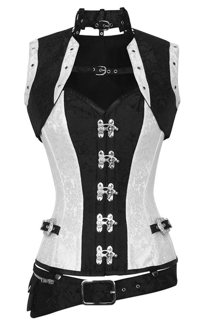 Monochrome Steampunk Steel Boned Corset with Sleeveless Bolero Jacket