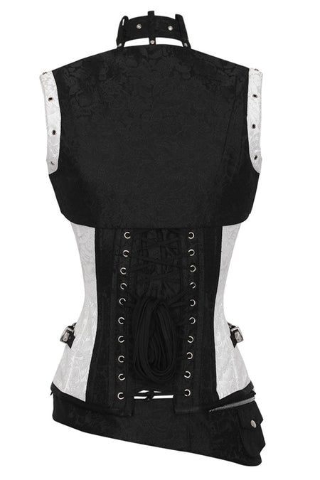 Monochrome Steampunk Steel Boned Corset with Sleeveless Bolero Jacket