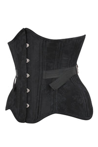 Black Fan-Laced Underbust Corset with Floral Brocade