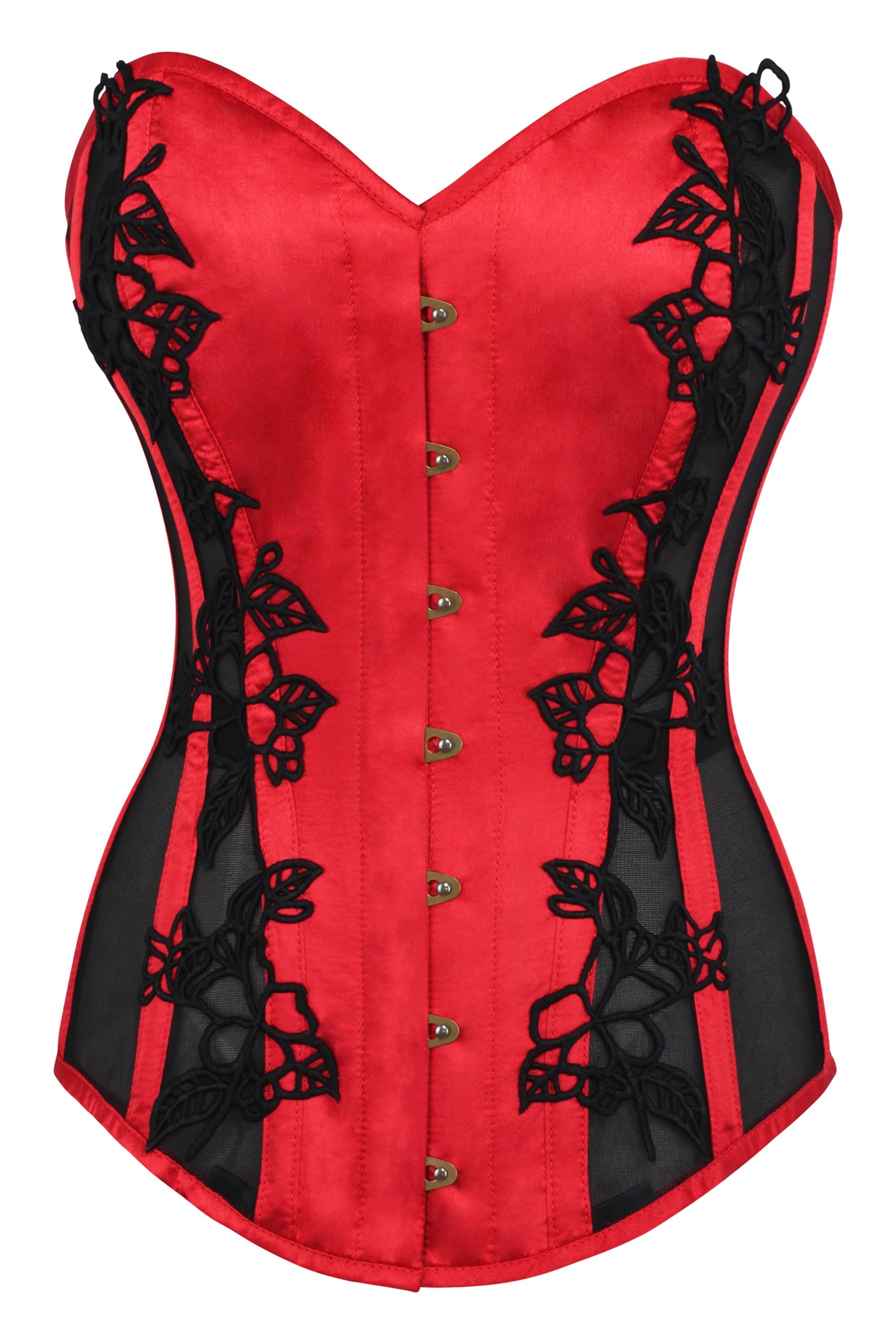 Lipstick Red Longline Overbust Corset with Black Lace and Mesh Panels