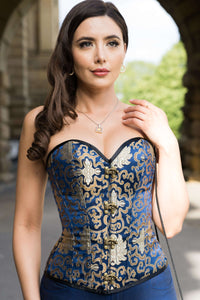Corset Story A3733 Blue With Gold Brocade Pattern Overbust With Hooks