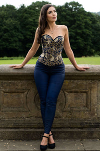 Blue With Gold Brocade Pattern Overbust With Hooks