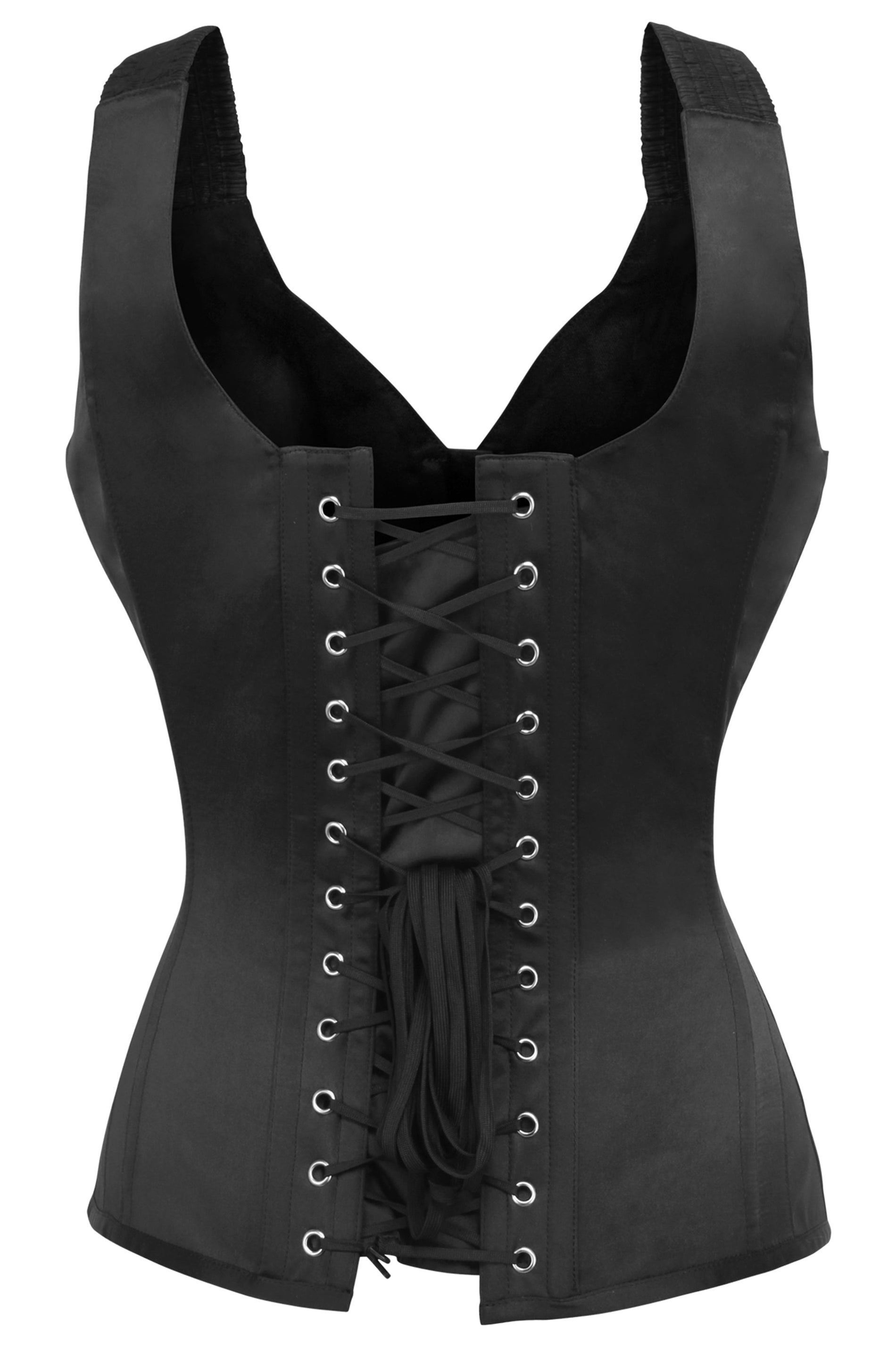 Black Satin Overbust Corset with Shoulder Straps and Zip