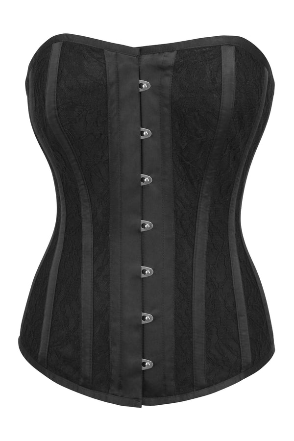 Black Satin Edwardian Longline Overbust Corset with Lace Overlay panel