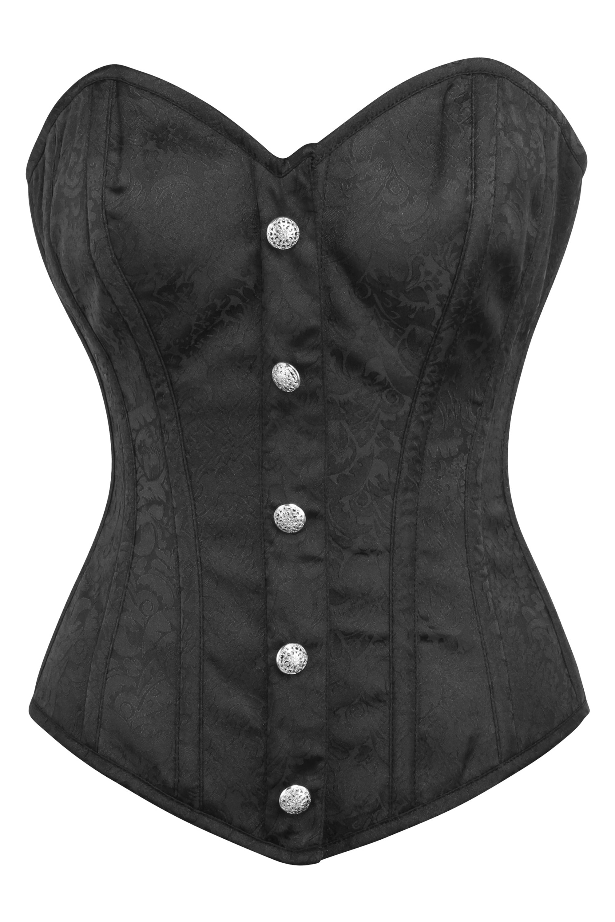 Black Brocade Overbust Corset with Front Zip and Button Detailing