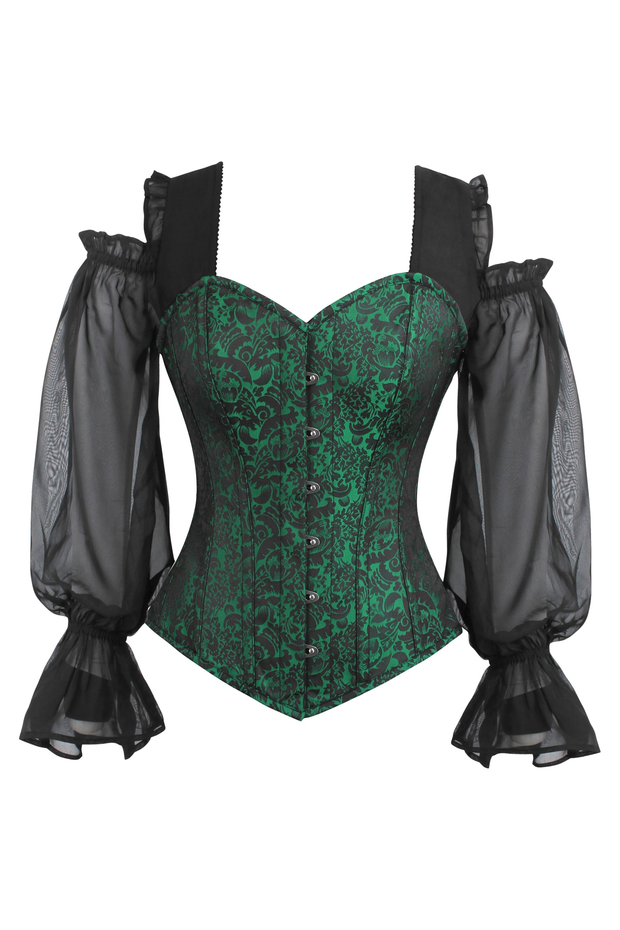 Long sleeve Green and Black Brocade Corset Top with Chiffon Sleeves — free download