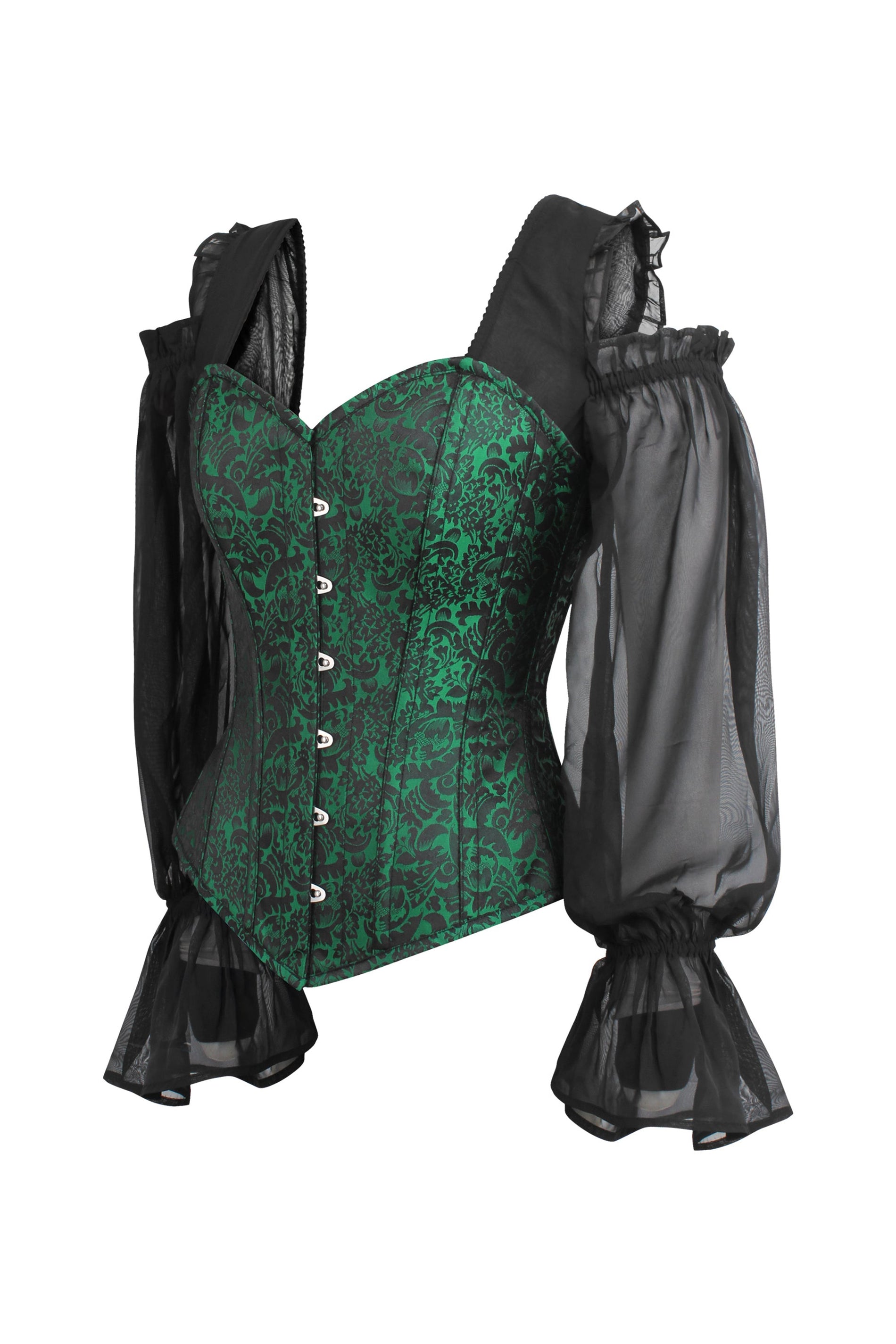 Long sleeve Green and Black Brocade Corset Top with Chiffon Sleeves — free download