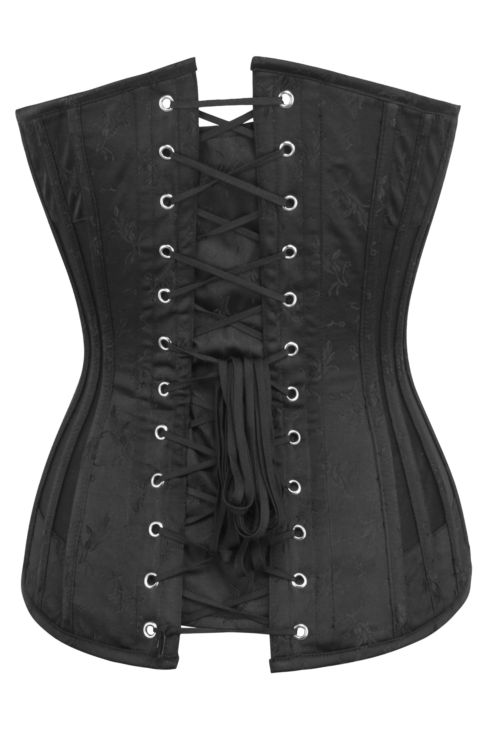 Black Brocade Overbust Corset with Plunge Neckline and Side Mesh Panel