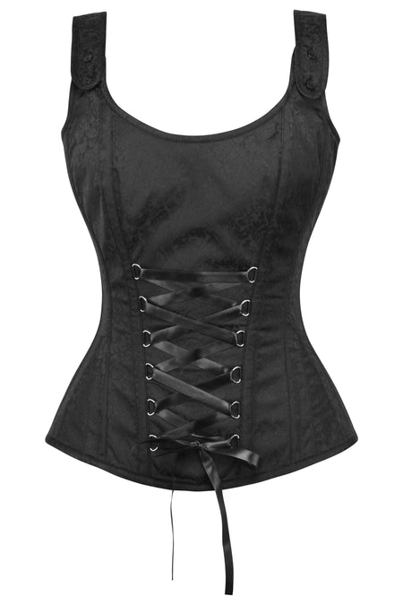 Corset Story BC-027 Black Brocade Overbust Corset with zip fastening and button detail straps