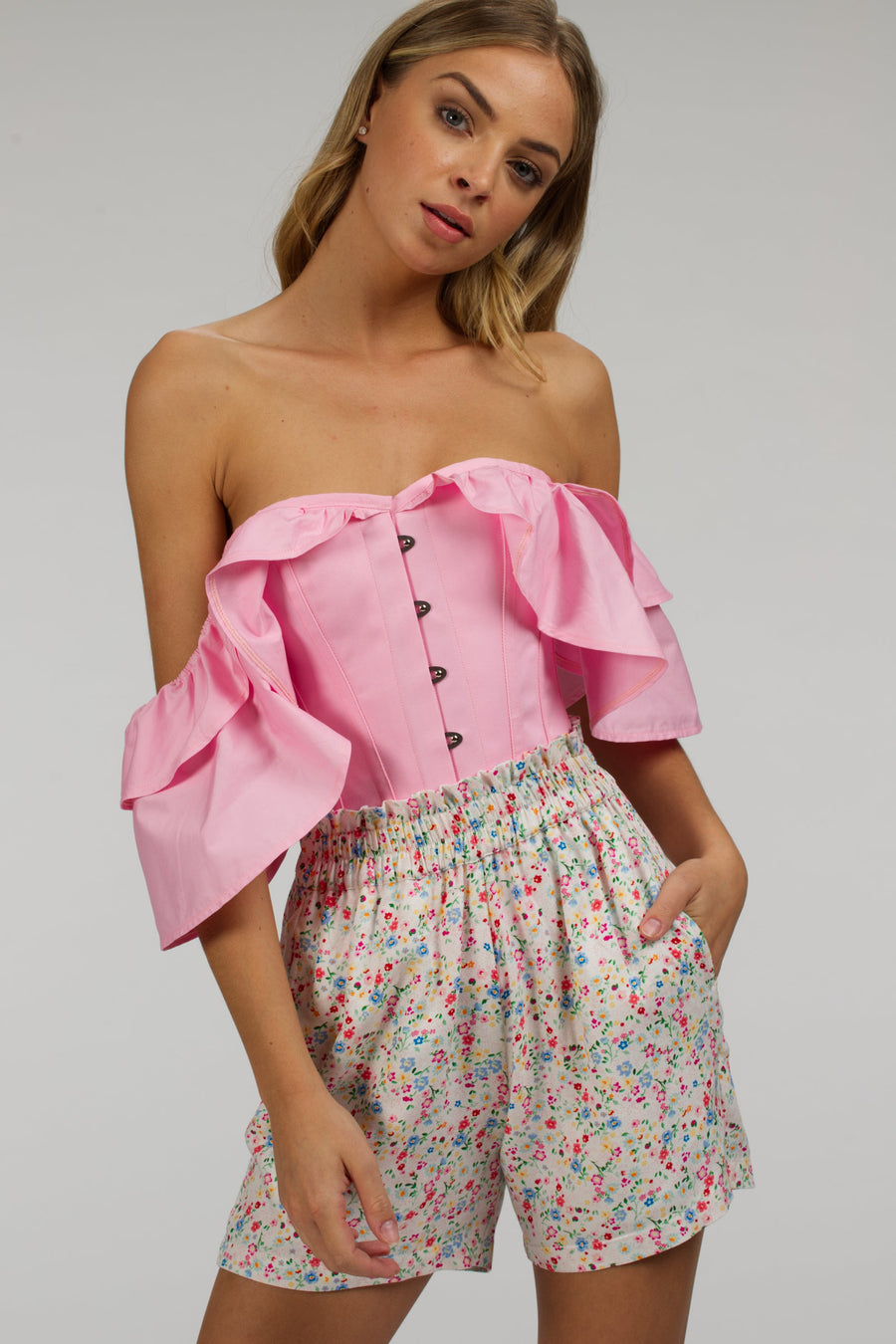 Pink Cotton Corset Top with Dramatic sleeve