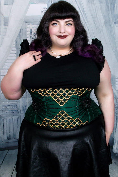 Green Longline Underbust With Black Bow And Lace Detail