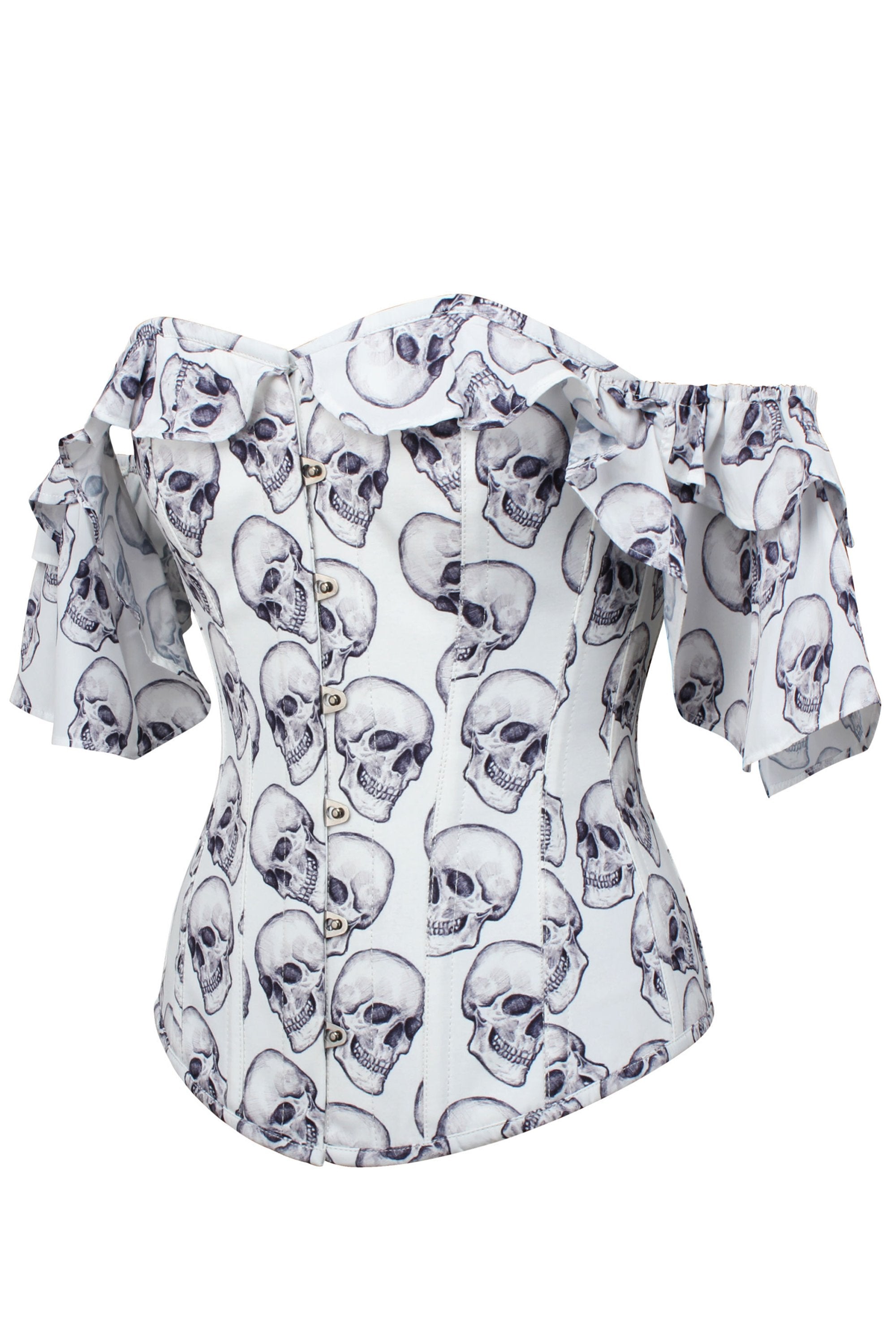 White And Grey Skull Gothic Corset Top With Frilled Sleeve