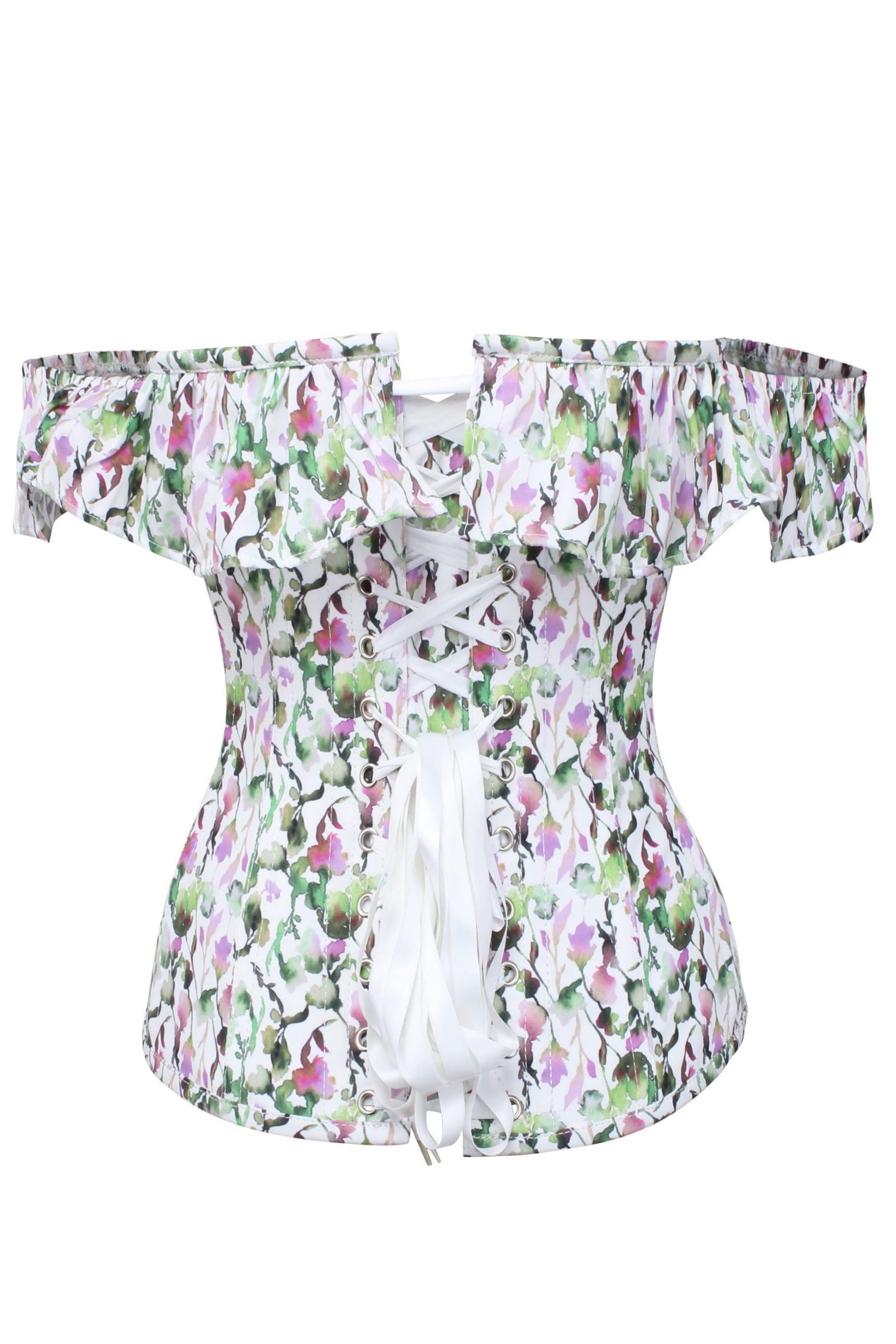 Watercolour Floral Print Corset Top With Bardot Sleeve