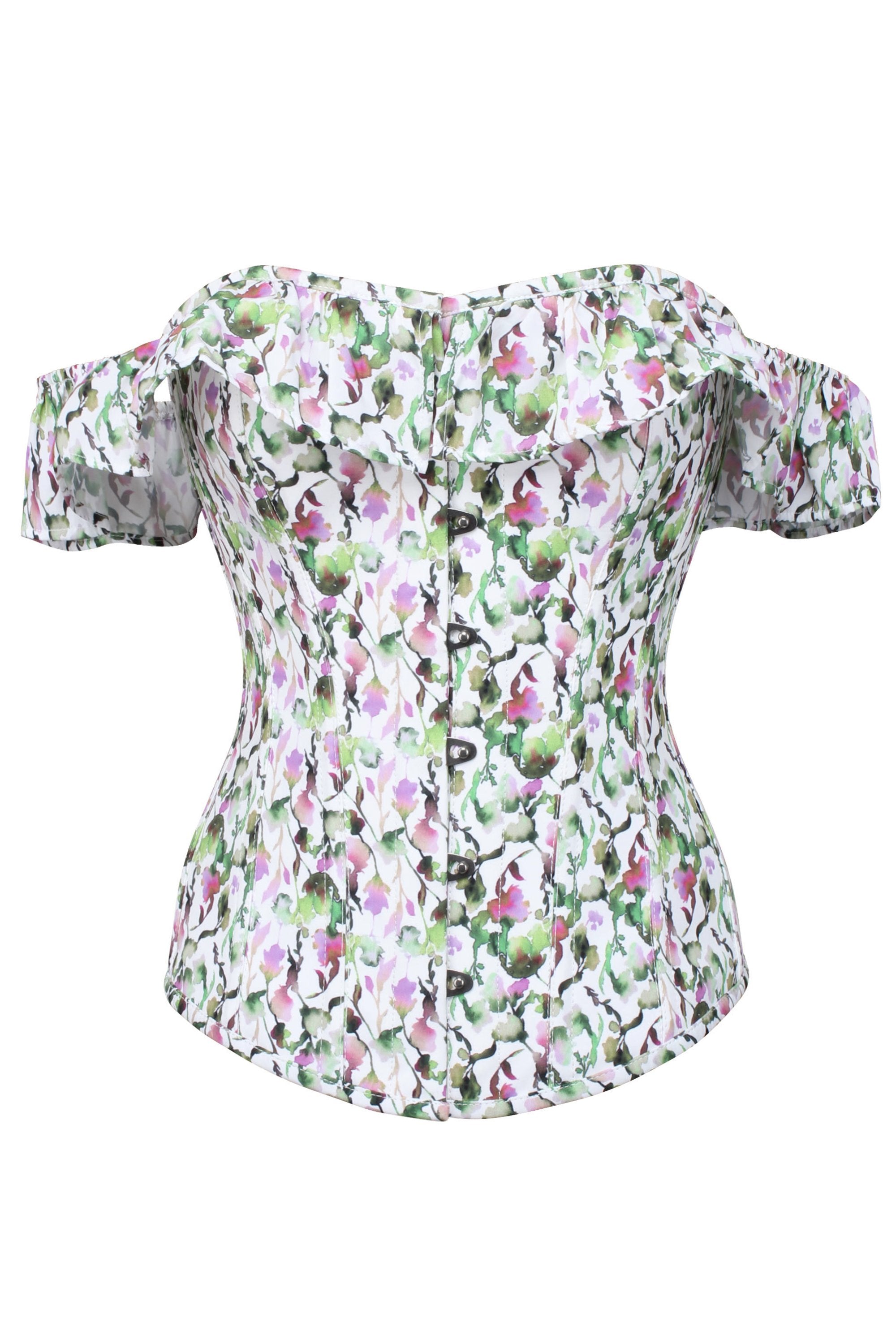 Watercolour Floral Print Corset Top With Bardot Sleeve