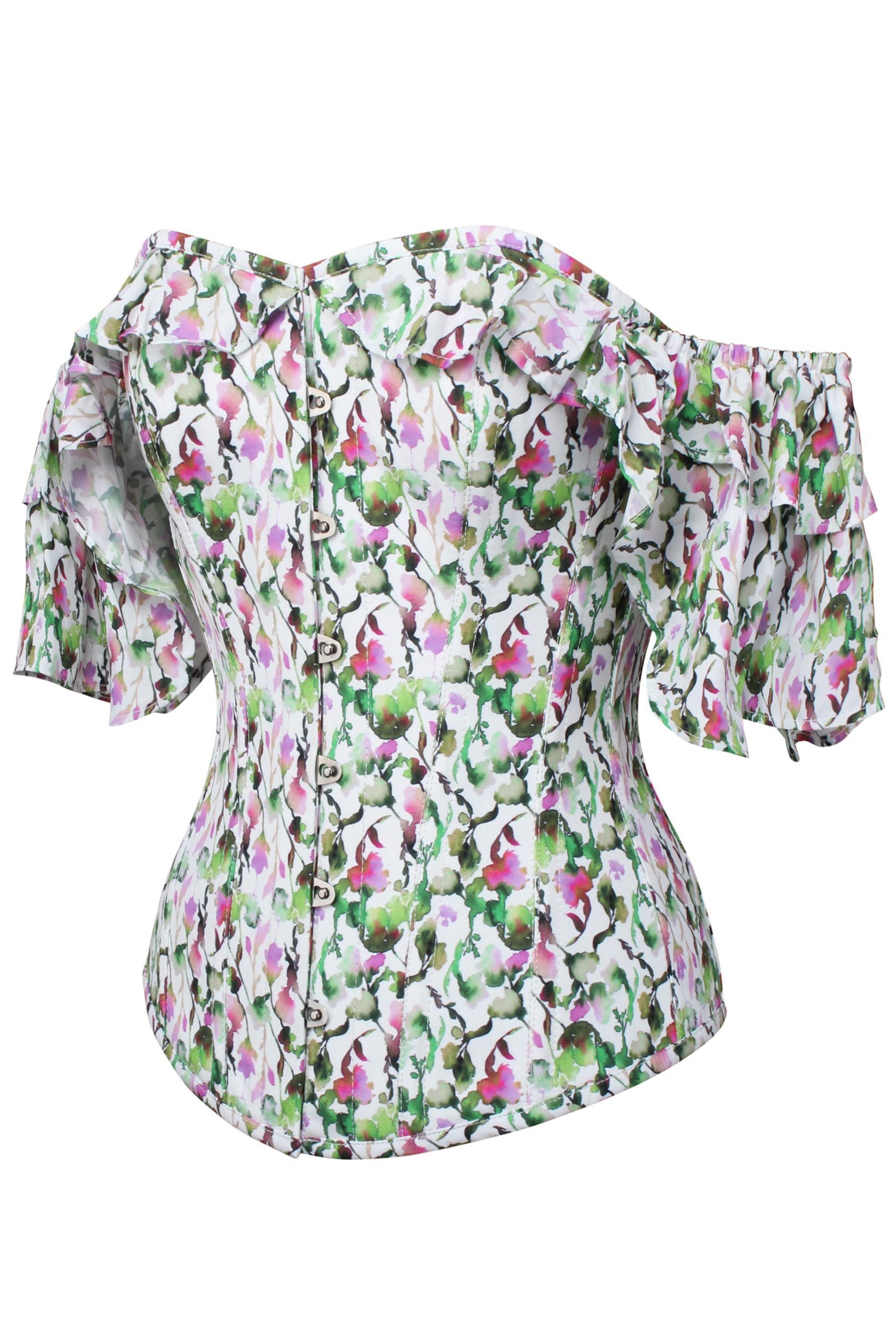 Watercolour Floral Print Corset Top With Frill Sleeve