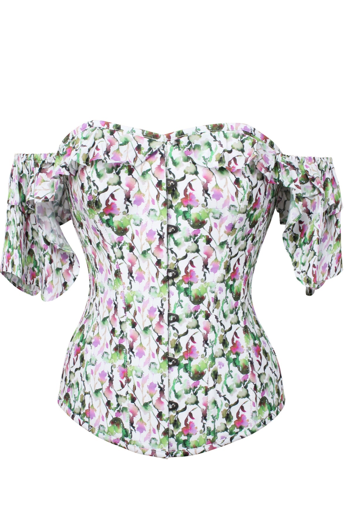 Watercolour Floral Print Corset Top With Frill Sleeve