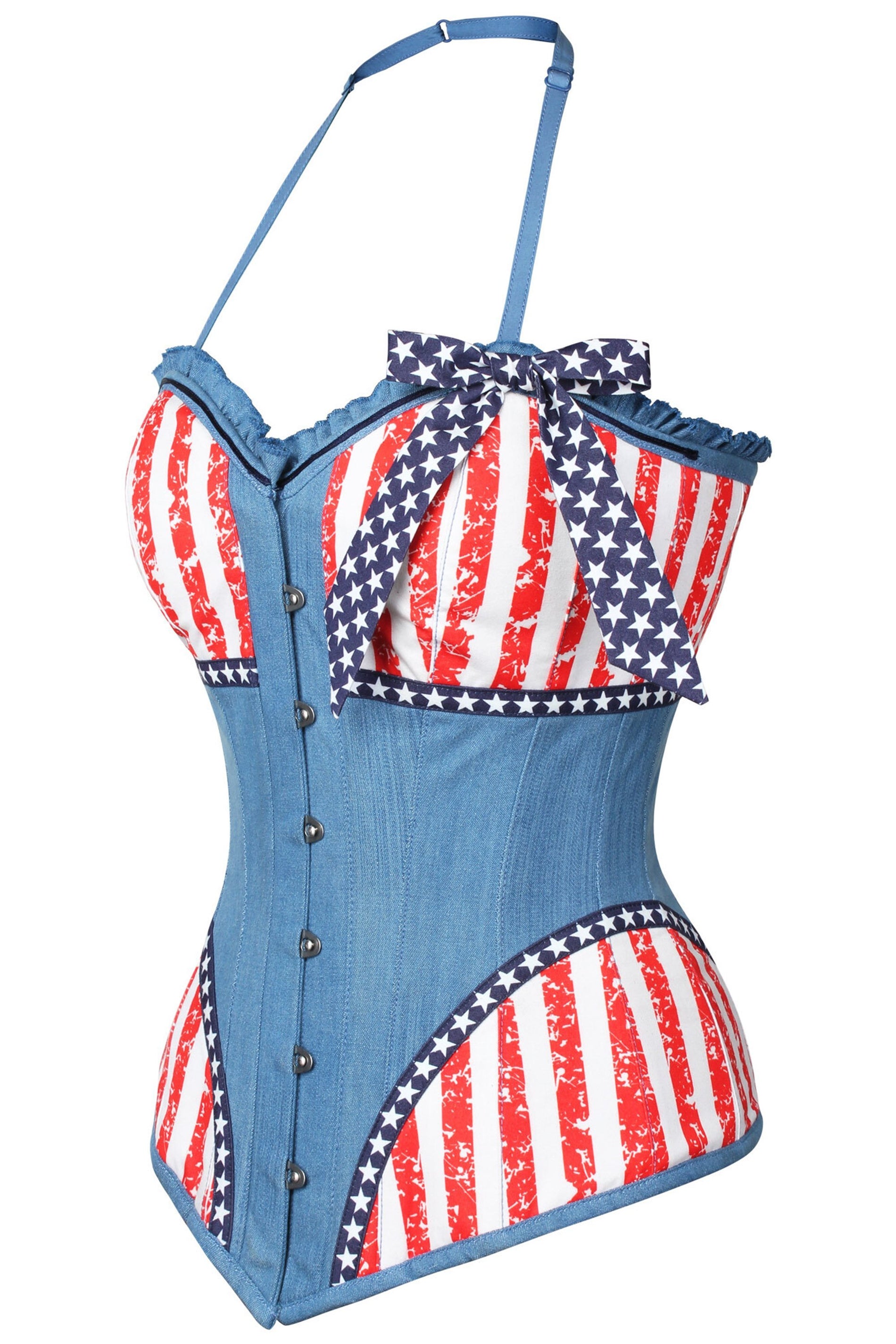 Distressed Denim USA Flag Overbust Corset With Halterneck