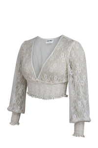 Pearl Whisper White Lace Cropped Top with Long Sleeves