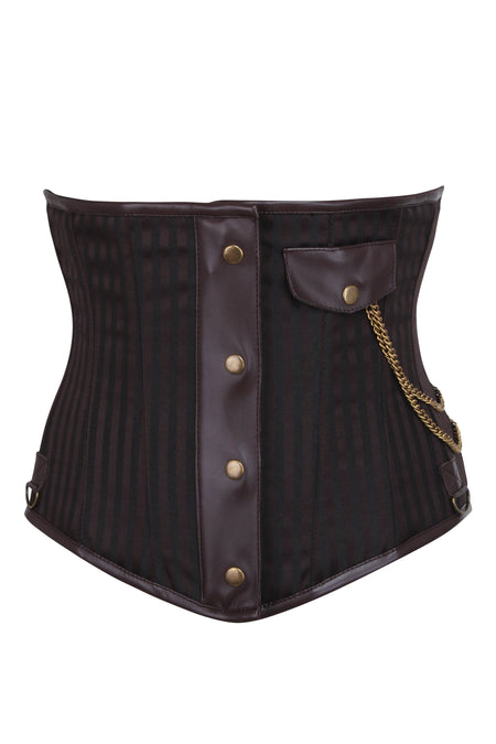 Brown Striped Steampunk underbust with steel busk covered detail and pocket chain