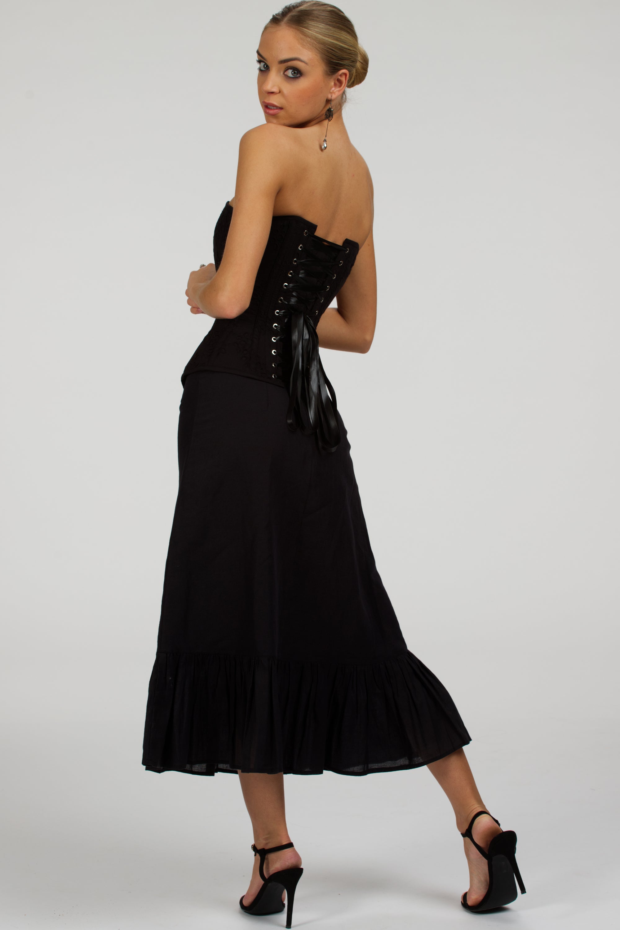 Dahlia Black Broderie Anglaise Cotton Overbust Corset with Zip Front