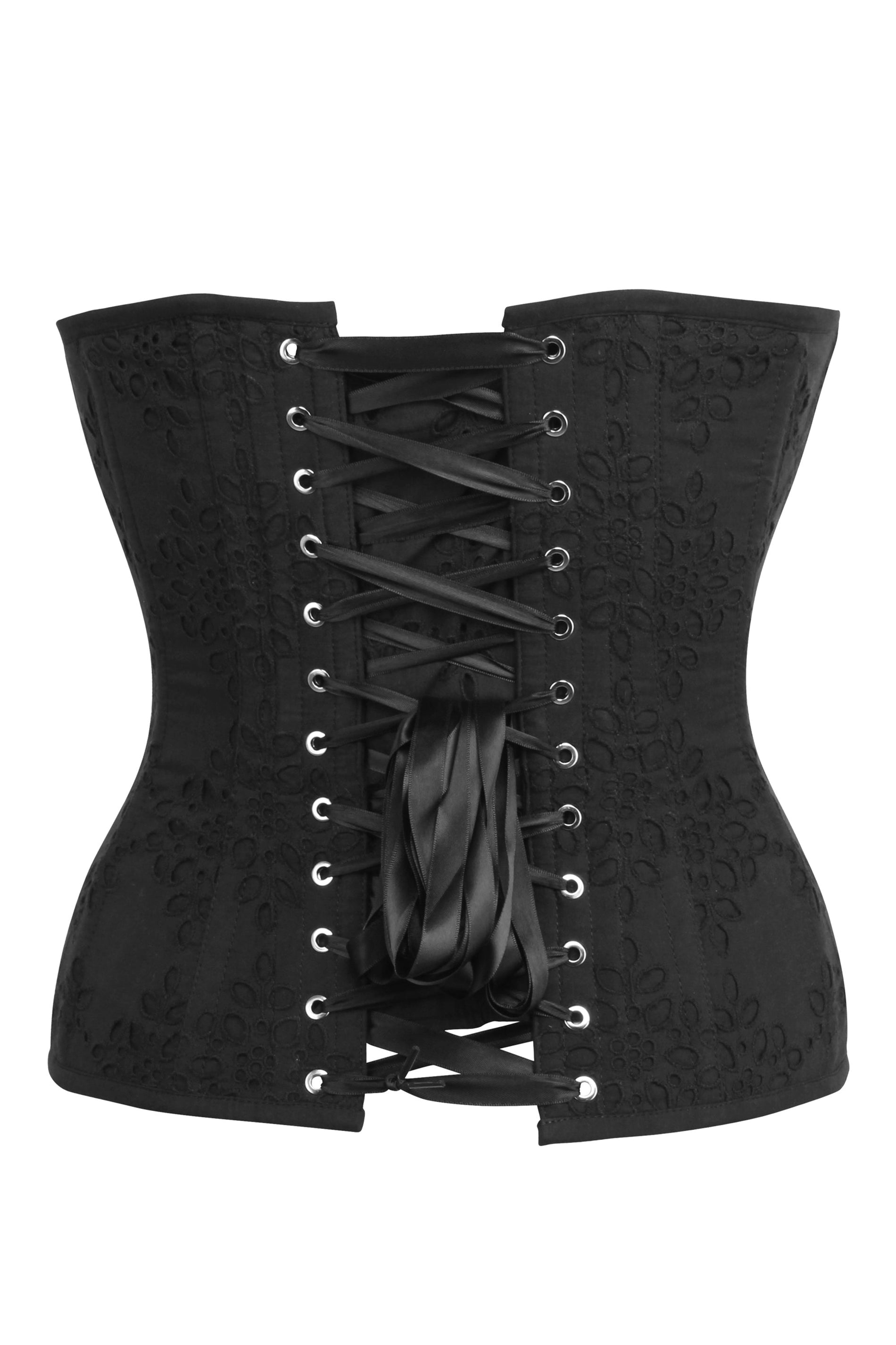 Dahlia Black Broderie Anglaise Cotton Overbust Corset with Zip Front