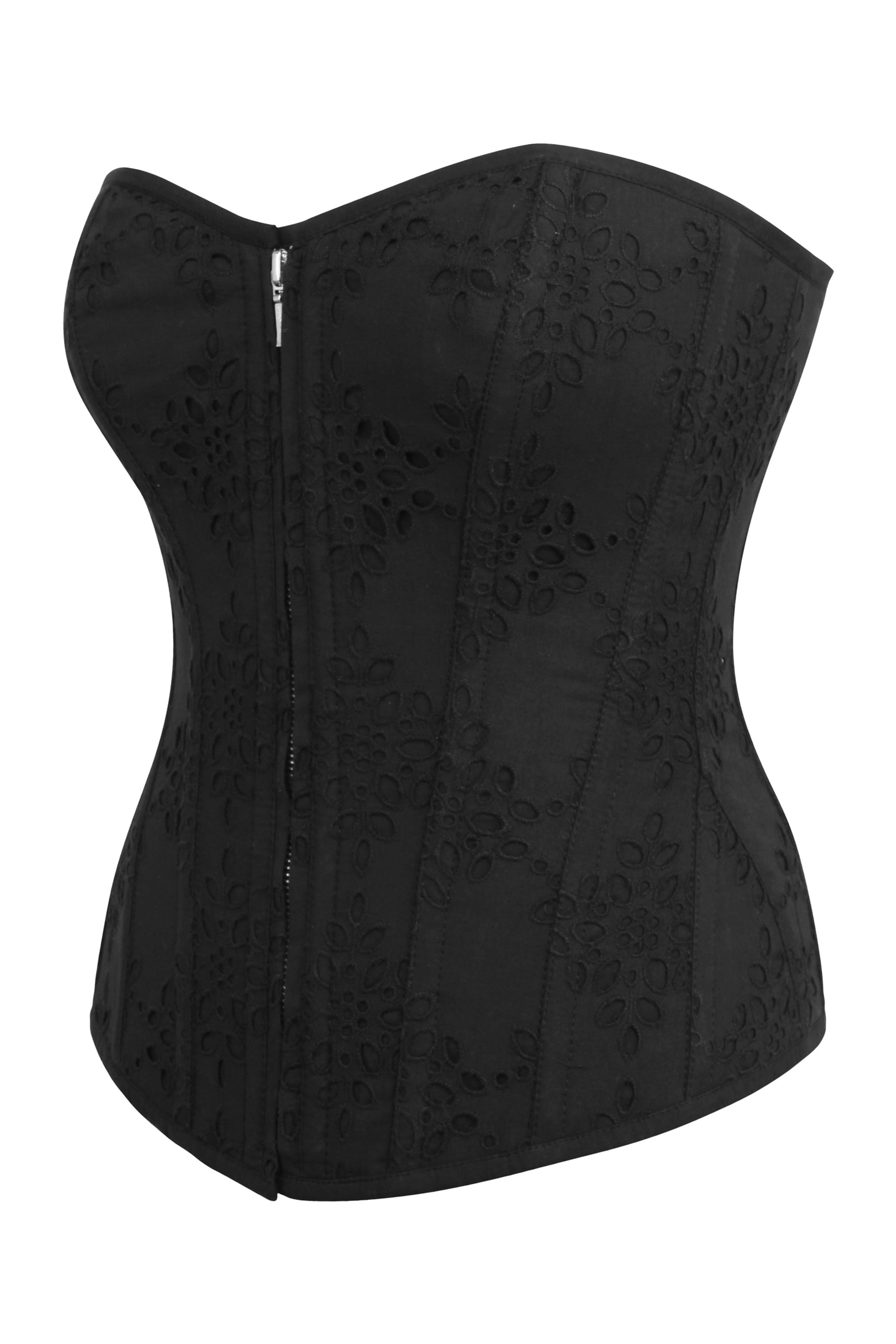Dahlia Black Broderie Anglaise Cotton Overbust Corset with Zip Front
