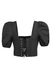 Corset Story SC-049 Fern Black Linen Cropped Corset With Puff Sleeves