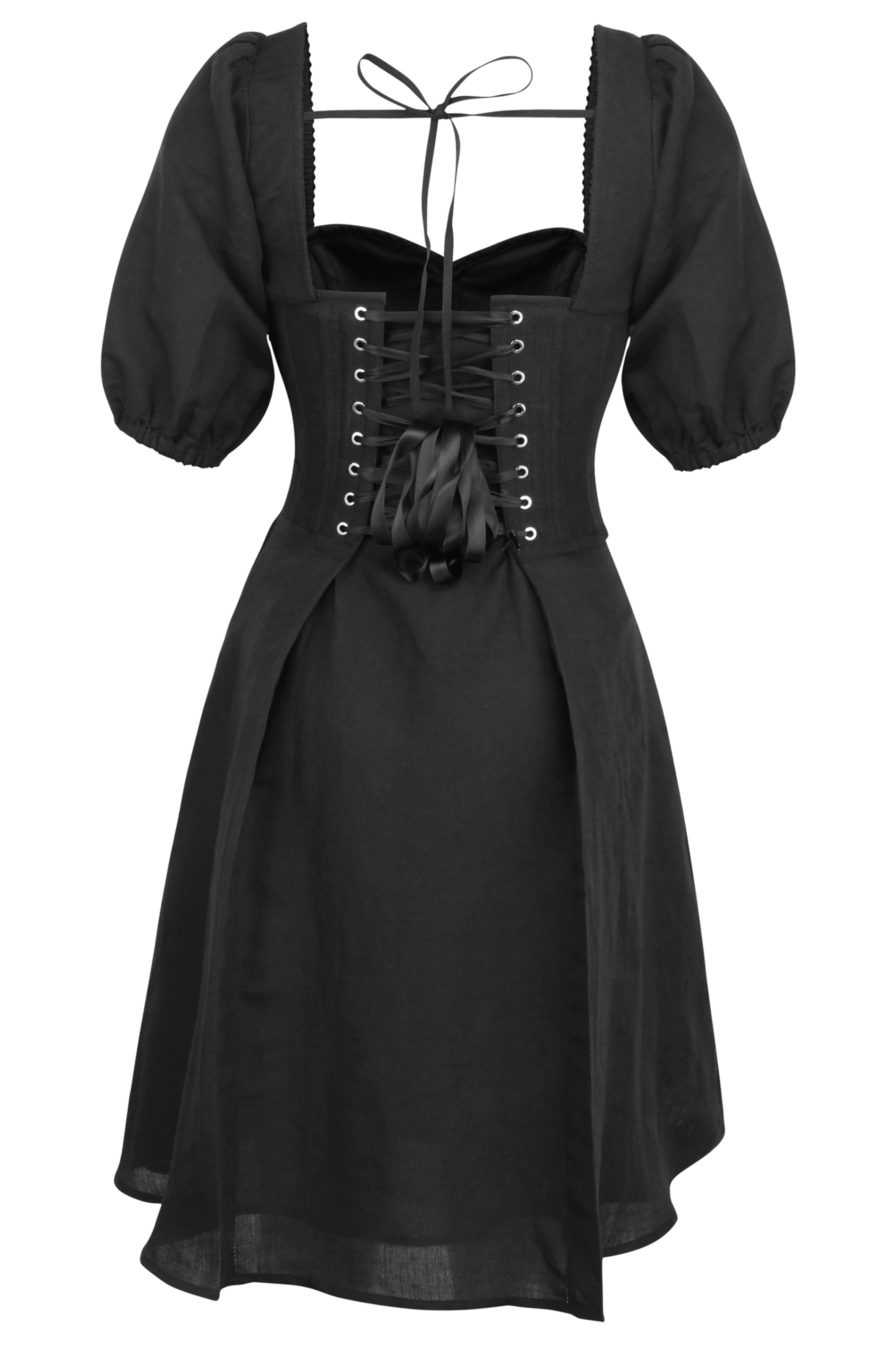 Gladiolus Black Linen Corset Dress with Puff Sleeves