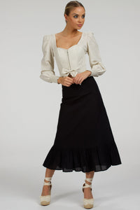 Corset Story SC-099 Olive Black Linen Blend Midi Skirt with Ruffle Hem