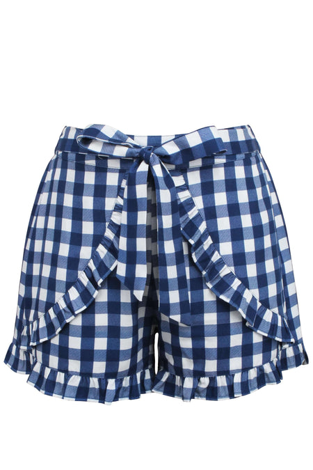 Corset Story SC-105 Daisy Gingham Blue Viscose Shorts With Frill Edge and Self Tie Belt