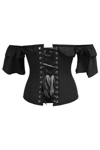 Black Cotton Corset Top with off the Shoulder Frilled Sleeves