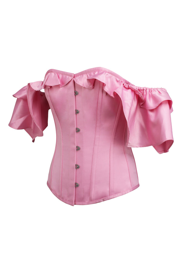 Pink Satin Corset Top with off the Shoulder Frilled Sleeves