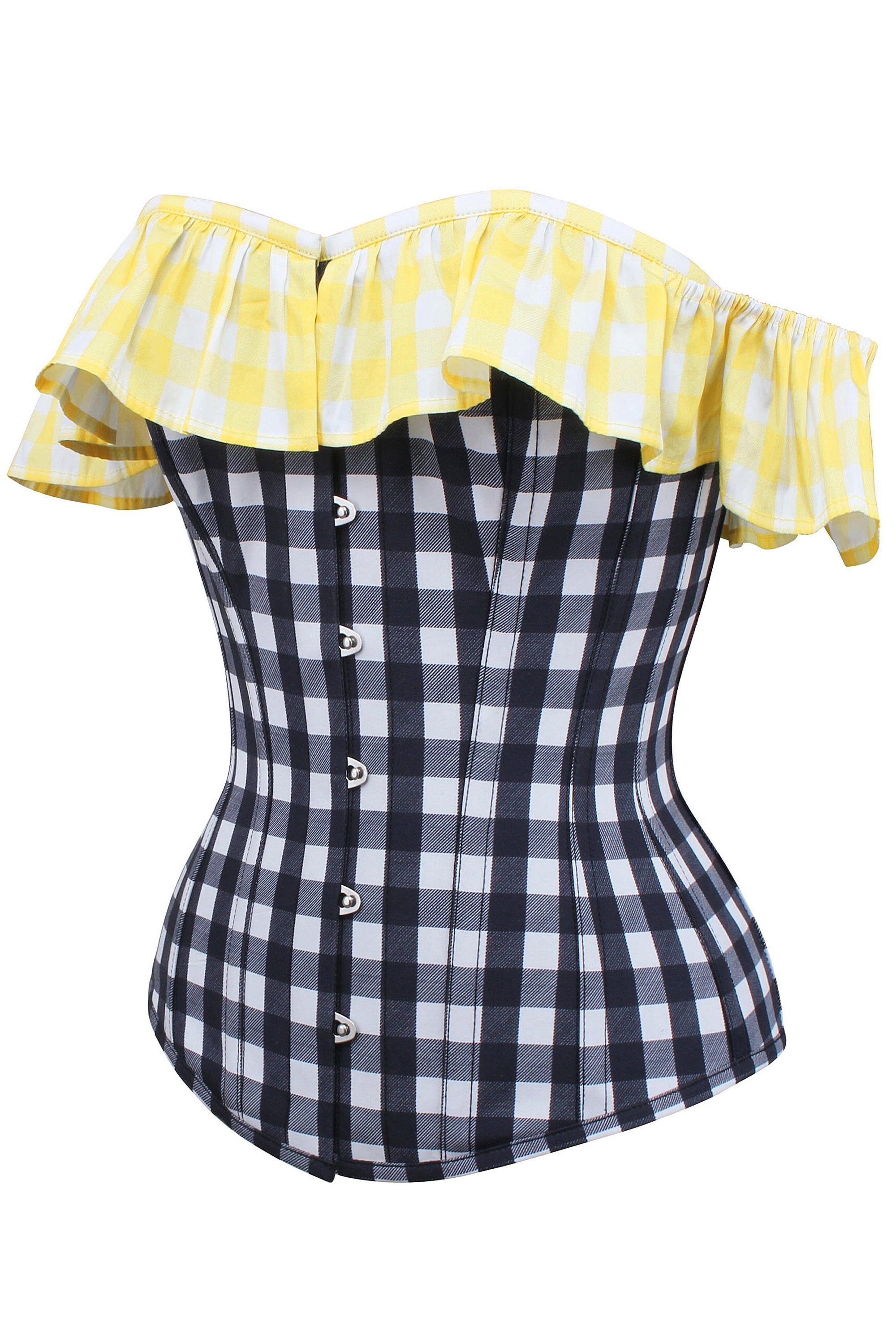 Yellow and Black Contrast Gingham Corset Top With Bardot Sleeve